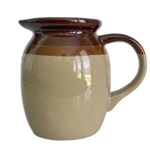 Traditional Vintage Two-Tone Brown Heavy Stoneware/Pottery Handled Pitcher 6"